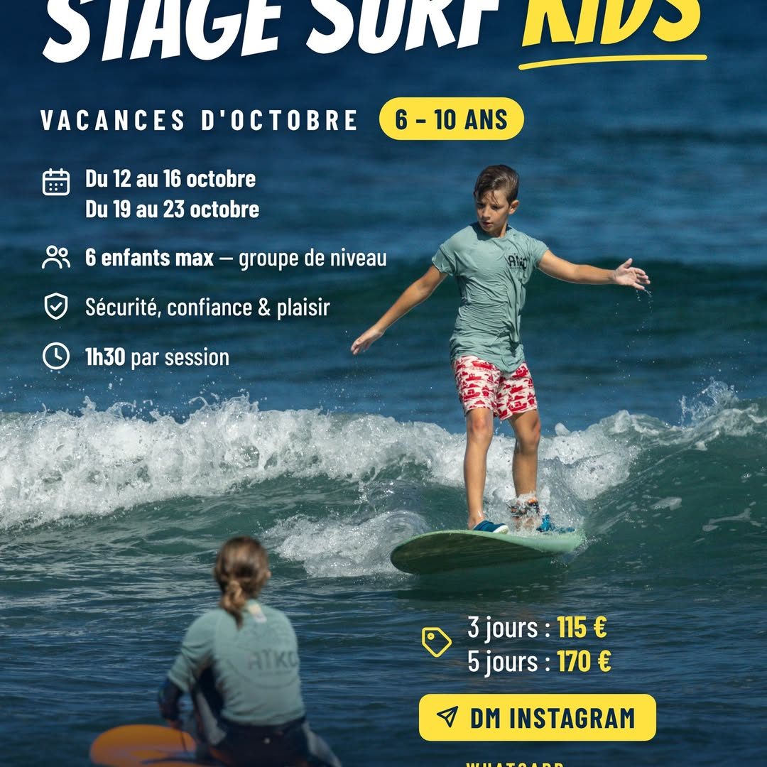 Affiche stage surf kids vacances d'octobre, 6 à 10 ans