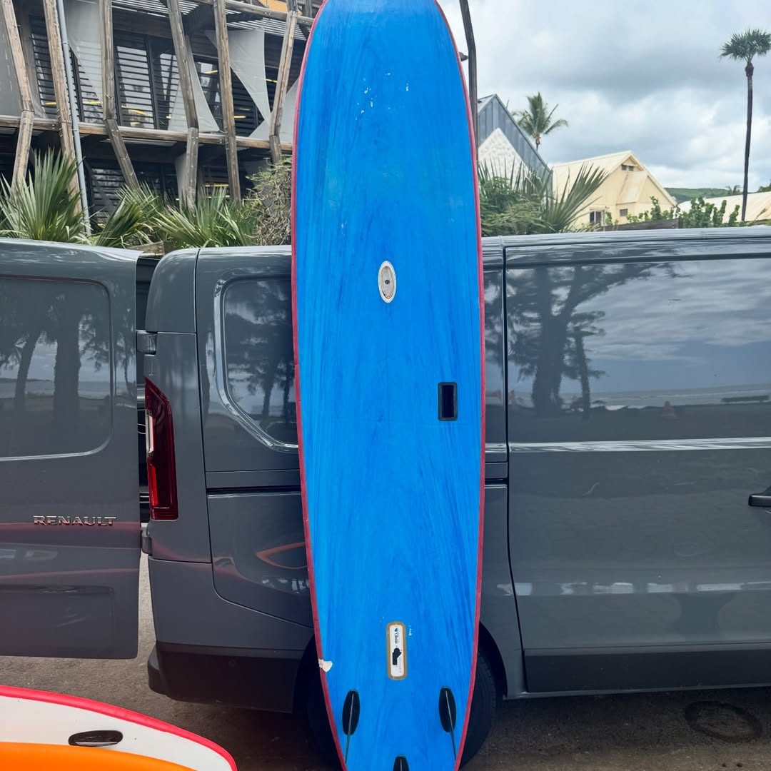 Longboard bleu contre le van